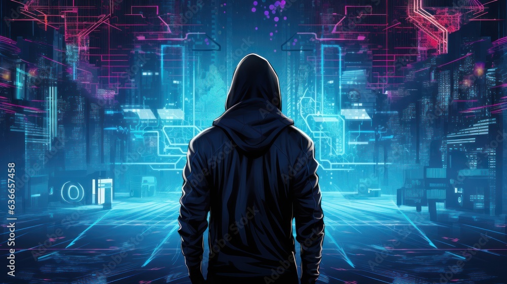 Poster cyberpunk hacker in a futuristic setting