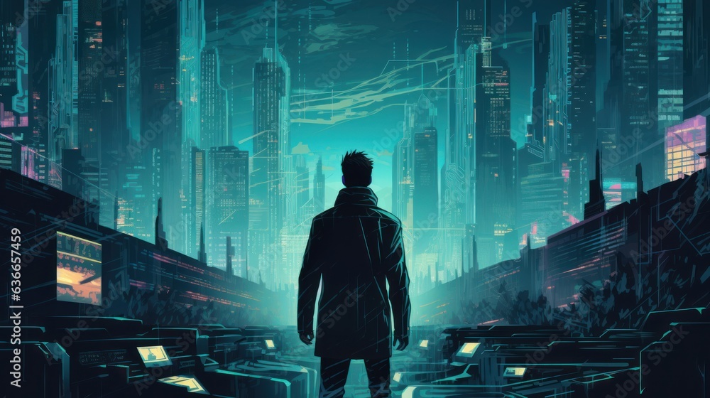 Poster cyberpunk hacker in a futuristic setting