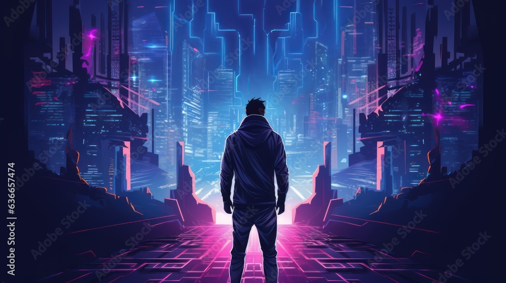 Poster cyberpunk hacker in a futuristic setting