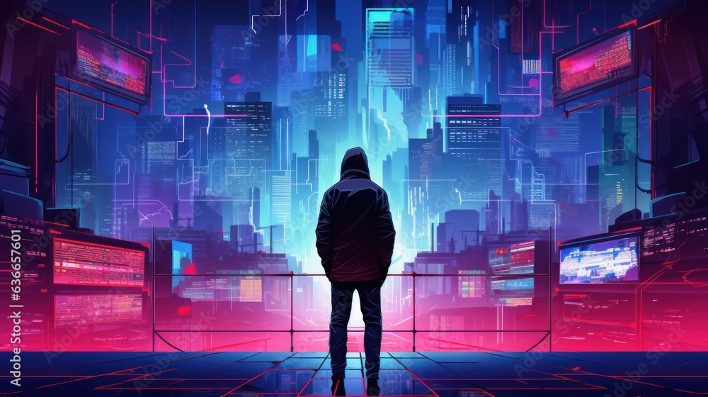 Poster cyberpunk hacker in a futuristic setting