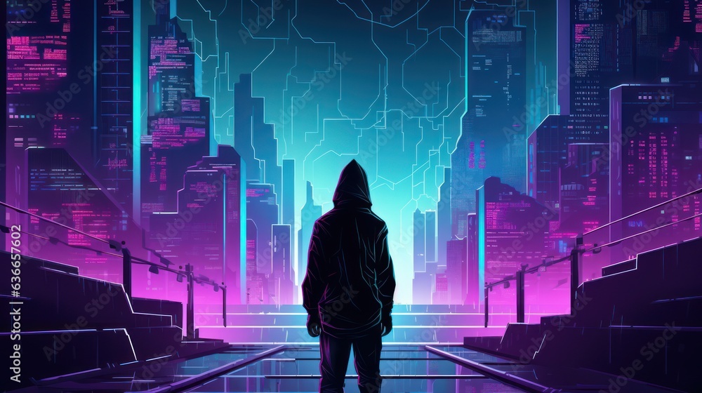Poster cyberpunk hacker in a futuristic setting