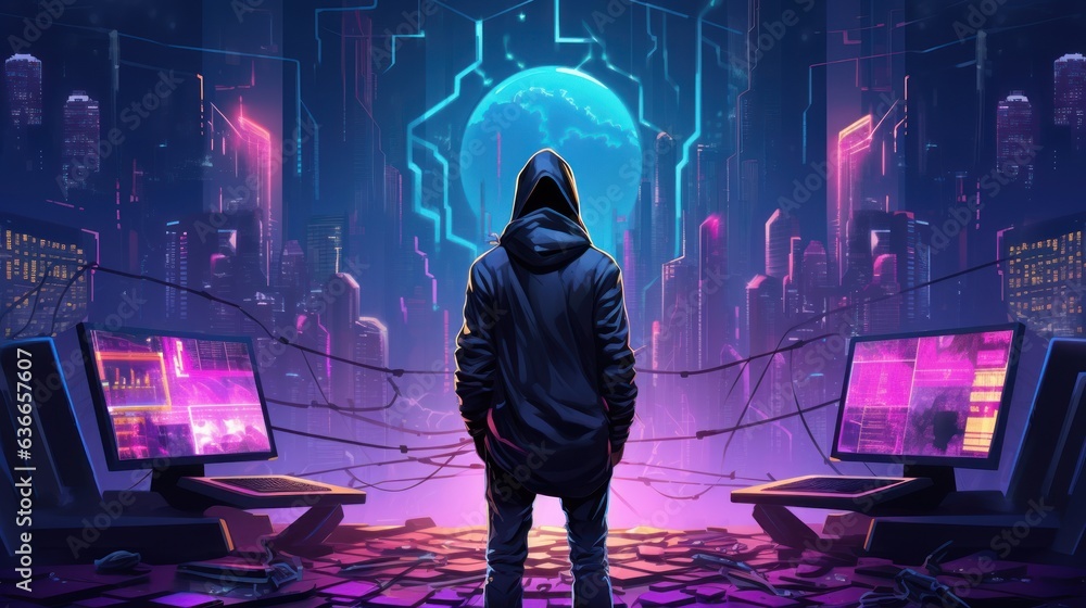 Poster cyberpunk hacker in a futuristic setting