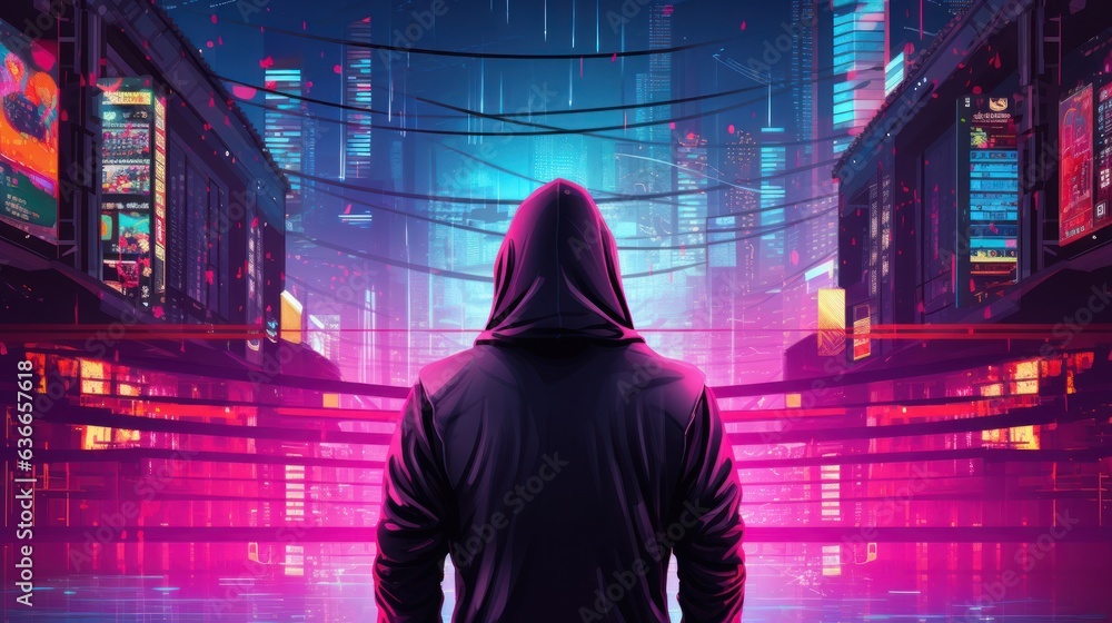 Poster cyberpunk hacker in a futuristic setting