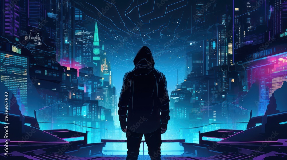 Poster cyberpunk hacker in a futuristic setting