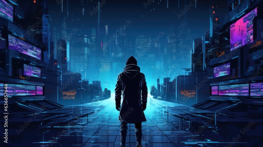 Poster cyberpunk hacker in a futuristic setting