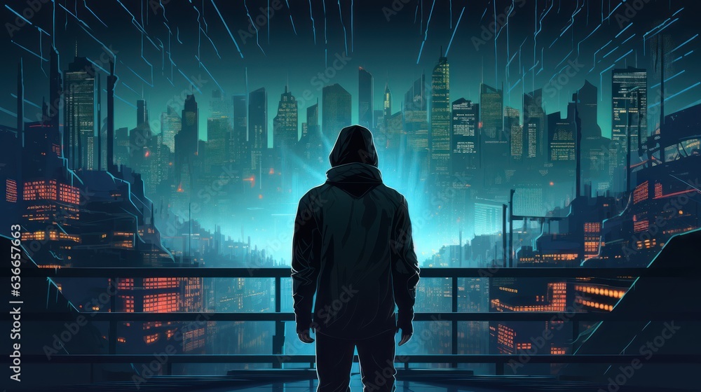 Poster cyberpunk hacker in a futuristic setting