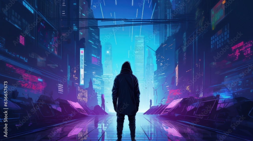 Poster cyberpunk hacker in a futuristic setting