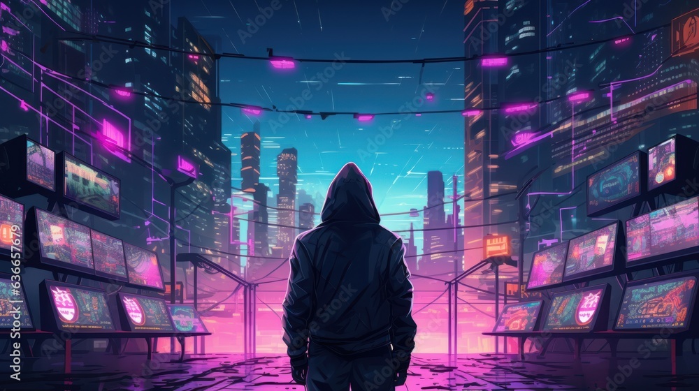 Poster cyberpunk hacker in a futuristic setting