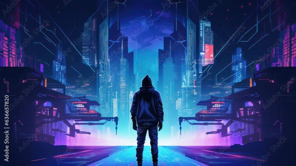 Poster cyberpunk hacker in a futuristic setting