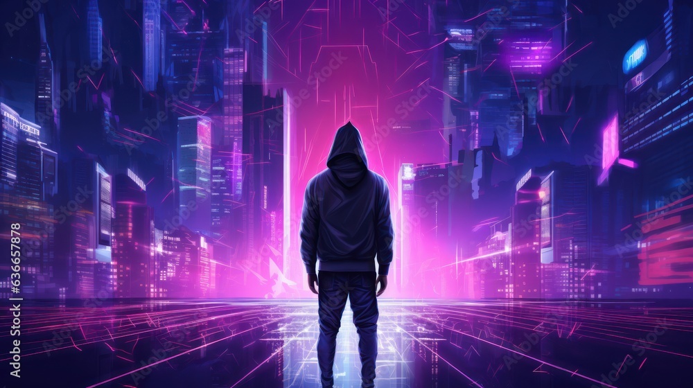 Poster cyberpunk hacker in a futuristic setting