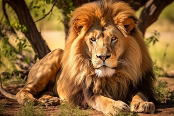 Naklejka premium Big male African lion (Panthera leo) lying in the grass 