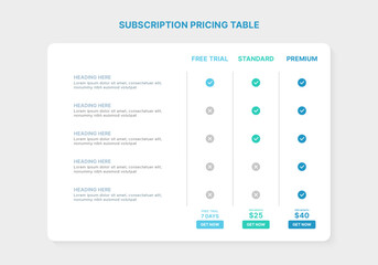 Subscription Pricing Table Packages Comparison Infographic Template with 3 Plans