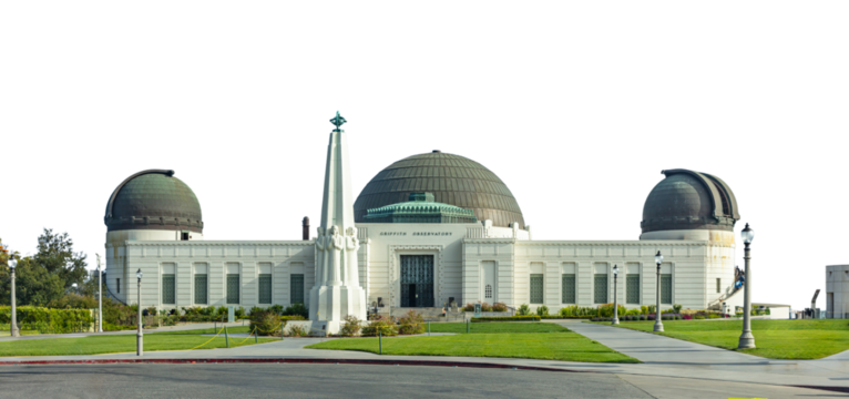 Griffith Observatory isolated on white transparent background, PNG. Los Angeles, California, USA. 