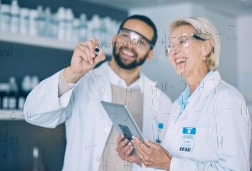 Tablet, science and research team writing on glass in the laboratory for planning on innovation. Healthcare, medical and scientist doctors in a lab to study a formula together for future development