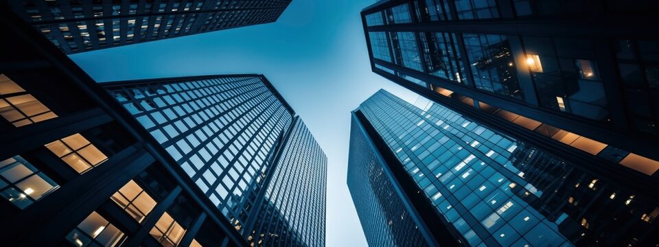Fototapeta Central Business District, Office building low angle photography, generative ai