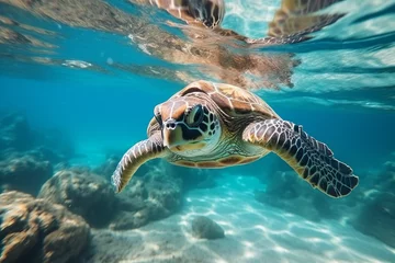 Poster A Turtle underwater in blue ocean. Sea wildlife with tropical corals and fish © Fabio