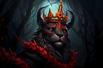 Black panther in the forest with a crown on his head. Fantasy illustration.