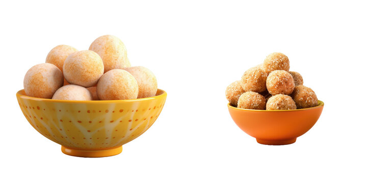 Black isolated melamine bowl containing Indian sweet called laddu