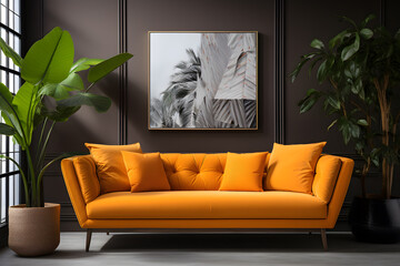 Interior of modern living room with white brick wall, concrete floor, brown leather armchair, coffee table and vertical mock up poster frame. 3d rendering