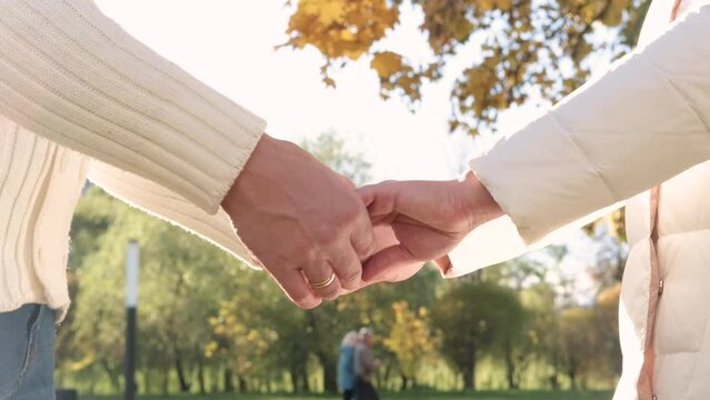 A man and a woman stand opposite each other and hold hands in the autumn park. Hands shot close up. Horizontal video