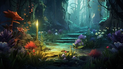 Fototapeta premium Illustrate a scene where a botanist tends to otherworldly plants, each with unique and magical properties, in a hidden garden game art
