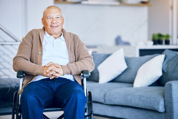 Senior man, portrait and wheelchair in retirement house with a smile from elderly care. Confidence, relax and living room with male person with a disability from Mexico happy in a old age home