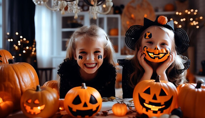 happy Halloween! a group of children in suits and with pumpkins in home. Generative AI.