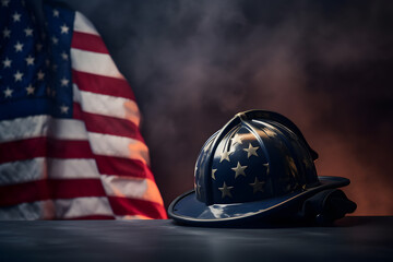 A firefighters helmet and an American flag