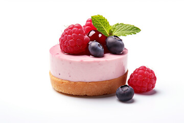 Mini cheesecake with berries and cream on a white background. Birthday cake, a sweet and colorful dessert. 