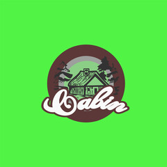 Premium wooden cabin and pine forest on the circle retro vector © Dstd