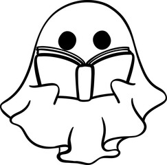 Cute Halloween ghost outline with book, retro spooky boo cartoon doodle illustration