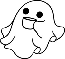 Cute Halloween ghost outline with coffee, retro spooky boo cartoon doodle illustration