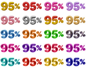 Set of 95 percent in 3d rendering isolated on transparent background for discount, promotion and sale concept