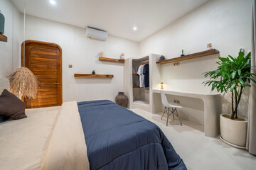 Luxury bright white bedroom with modern wooden shelves. Style interior design room