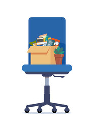 Business chair with box with office things. Dismissed. Fired from job. Vector illustration.