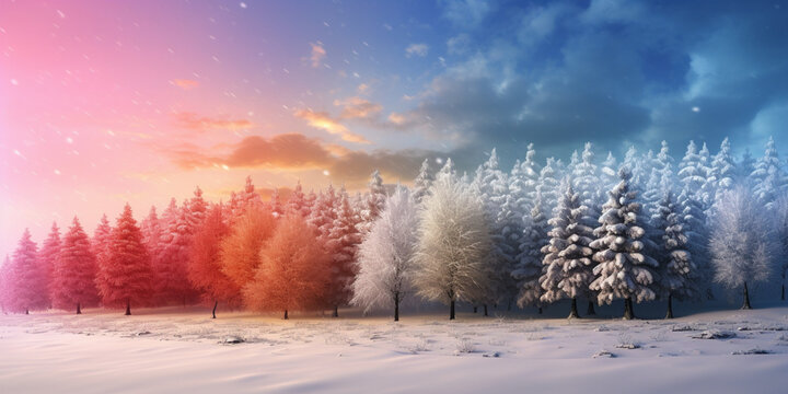 winter landscape with trees and snow, sunrise in the forest, sunset in the forest