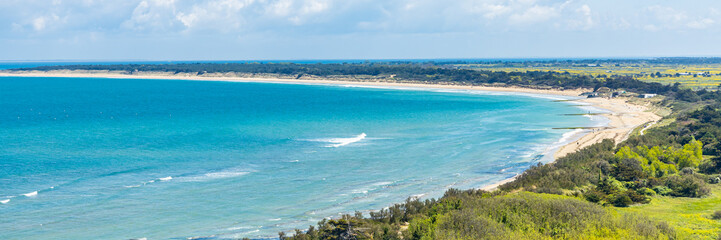 Panorama of the Conche des Baleines beach on the Ile de Ré island on a sunny day in France - obrazy, fototapety, plakaty