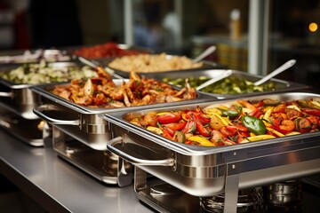 Buffet food at hotel party, stainless steel pan, chafing dish, Generative AI