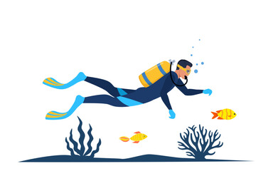 Man diver with diving equipment wearing wetsuit with oxygen tank and fins. Diver swiming among algae, corals. fishes. Vector illustration.