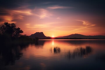 Obraz premium a picturesque sunset over a serene lake with majestic mountains in the background