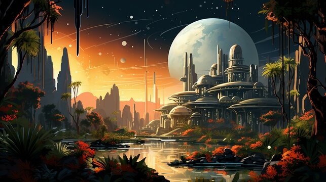 Alien city with a moon in the background illustration AI Generated