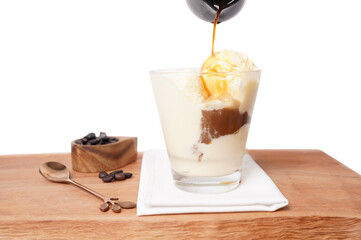 affogato al caffe, black and ice cream, Italian style drink