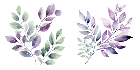 Fototapeta na wymiar transparent background with silver green purple and violet leaves and branches perfect for cards and invitations