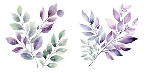Fototapeta premium transparent background with silver green purple and violet leaves and branches perfect for cards and invitations