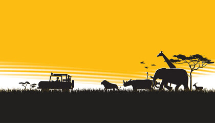 Fototapeta na wymiar African safari landscape with animals and jeep on sunset background. Safari theme