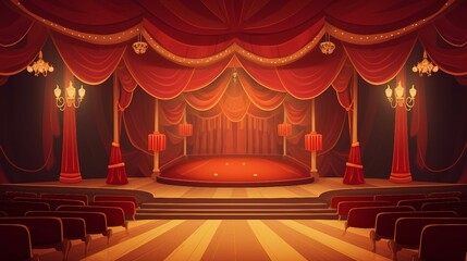 An illustration of an empty theater with red curtains and a stage AI Generated
