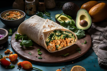 Photo of a delicious and colorful burrito with fresh avocado and cilantro toppings on a plate