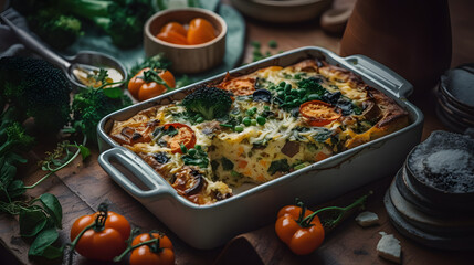 Photo of a delicious and colorful casserole dish with tomatoes, broccoli, and cheese