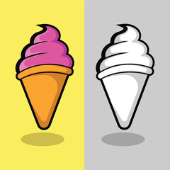 Ice cream balls in the waffle cone isolated on white & Yellow background. Vector flat outline icon. Comic character in cartoon style illustration for t shirt design