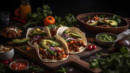 Photo of three delicious tacos with fresh salsa and creamy avocado on a wooden cutting board
